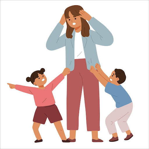 a stress frustrated mother with son and daughter