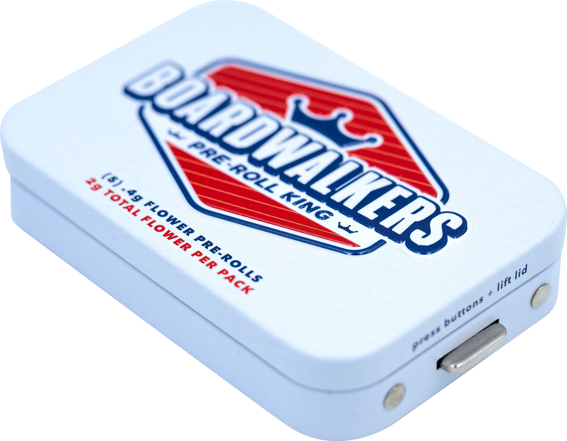 Pre Roll King of Jersey Boardwalkers tin containing five 0.4g pre-rolls, crafted for consistent burns and rich, terpene-forward flavors.