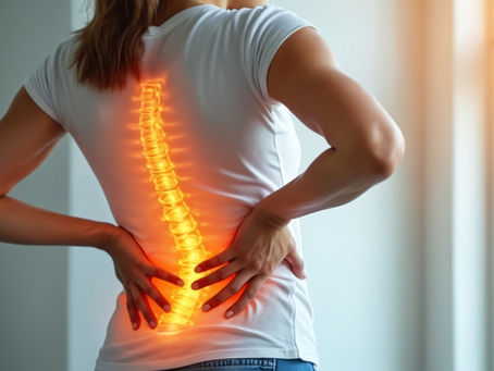  A woman holding her back in pain with her spine highlighted in orange.