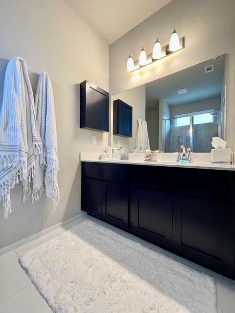 Freshly painted vanity in a primary bathroom with a custom medicine cabinet in Sherwin- Williams Anchors Aweigh.
