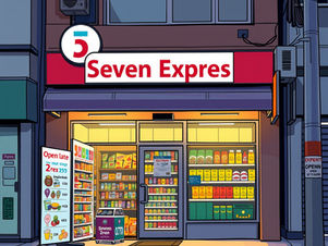 מכולת שכונתית בשם סבן אקספרס עם שלט בעברית מעל דלת זכוכית, חלון ראווה עם ממתקים ומשקאות ותאורה חמה שיוצרת חזות רחוב מזמינה.