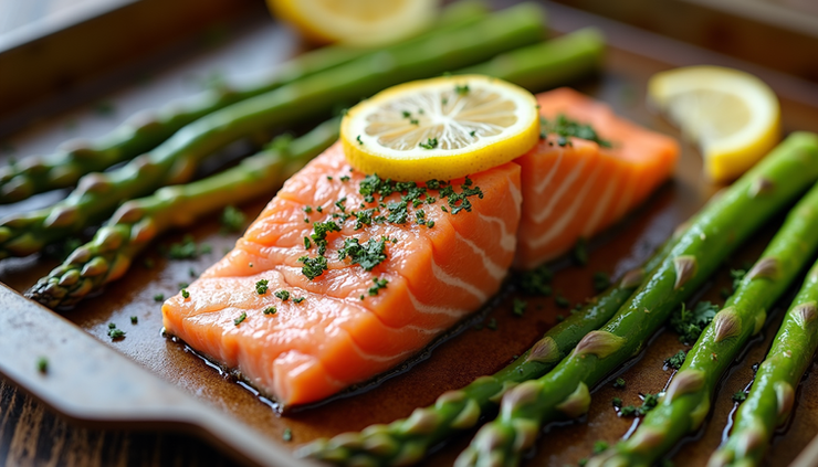 Eye-level view of a baked salmon fillet with asparagus and lemon slices on a baking tray