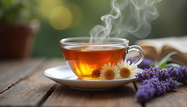 Close-up view of a steaming cup of herbal tea with chamomile and lavender flowers on a wooden table