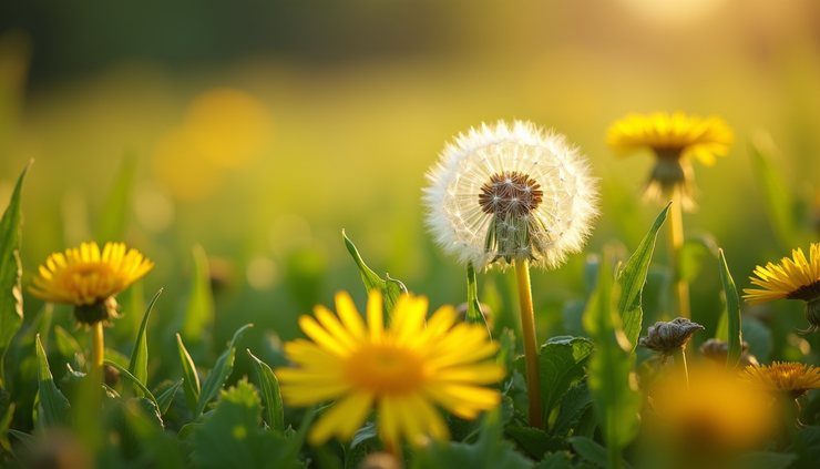 Close-up view of fresh dandelion leaves and flowers in natural sunlight