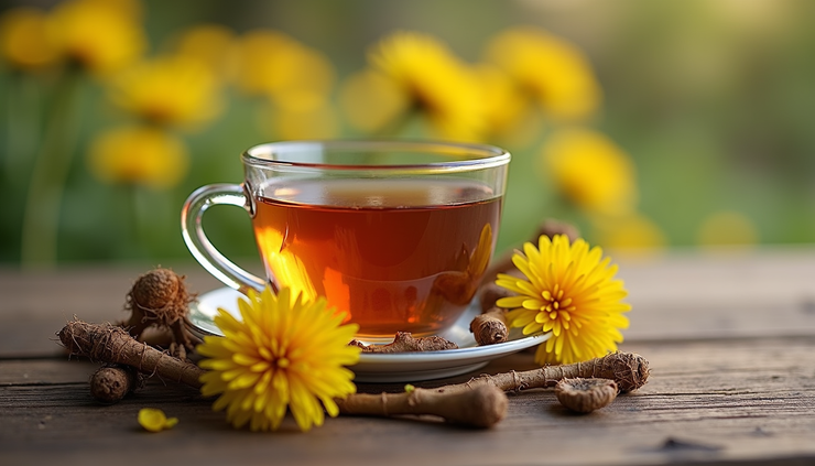 Eye-level view of a cup of dandelion root tea on a wooden table with dried roots nearby