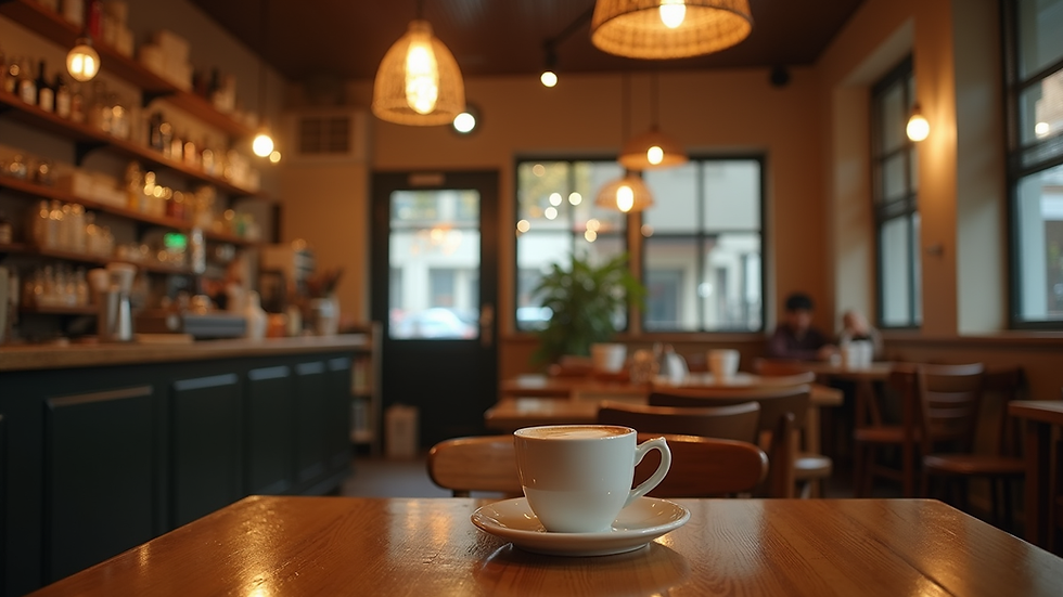 Eye-level view of a cozy coffee shop interior with warm lighting