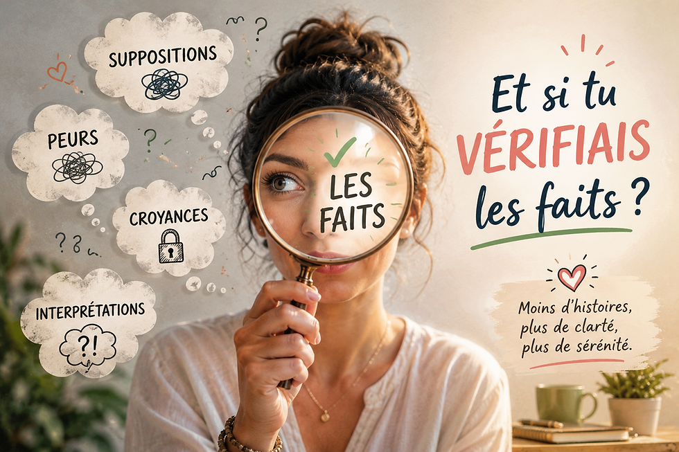Femme observant à travers une loupe le mot « faits », entourée de bulles représentant les peurs, les croyances et les interprétations. Illustration symbolisant la capacité à voir la vie telle qu'elle est plutôt qu'à travers les histoires racontées par notre esprit.