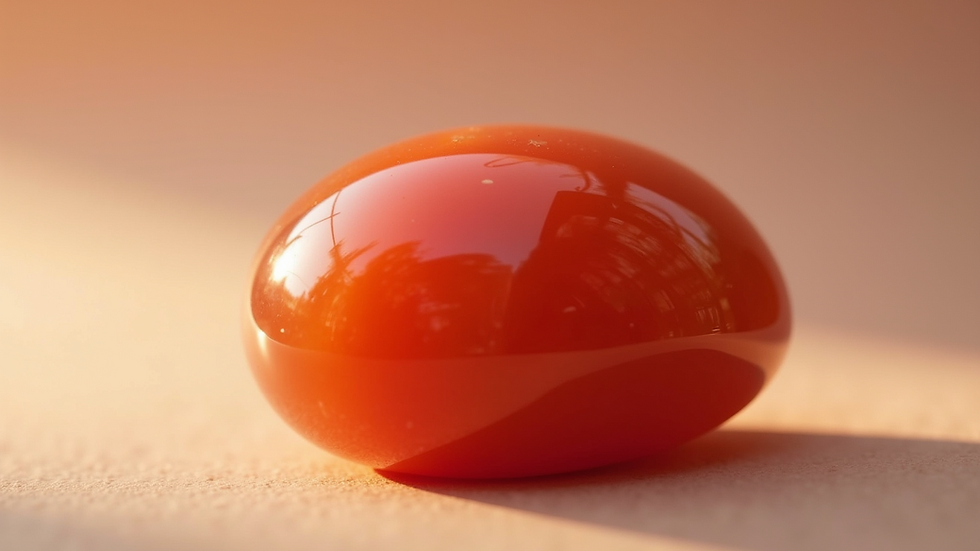 Close-up view of a polished carnelian stone resting on a wooden surface