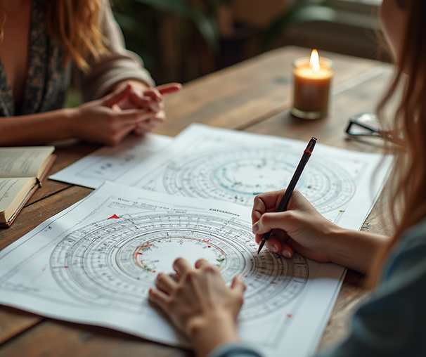 An astrologer examining a horoscope chart