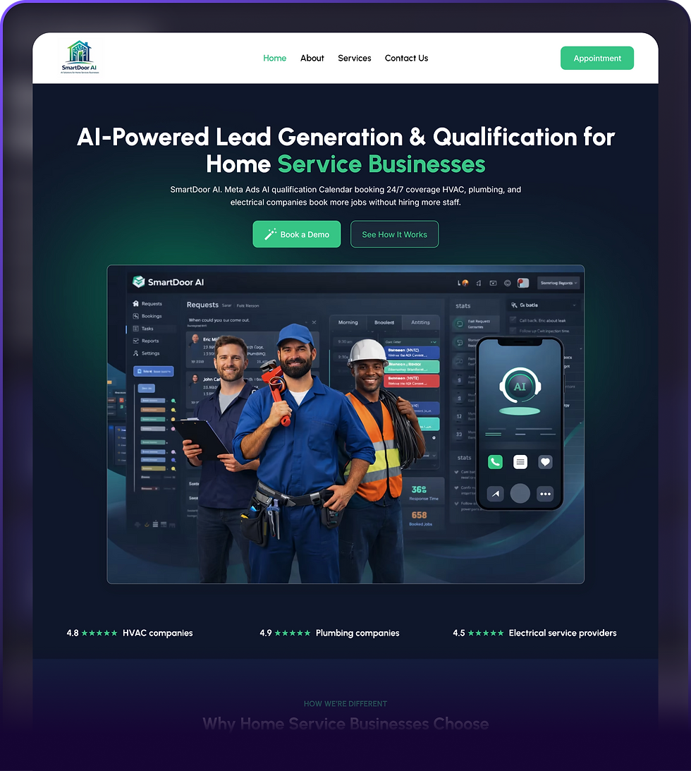Home service professionals standing by an AI dashboard.