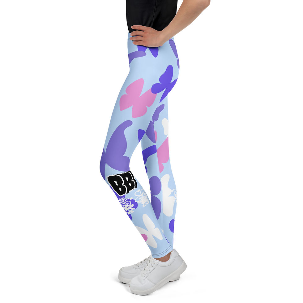 Side view of youth wearing BB patterned leggings.
