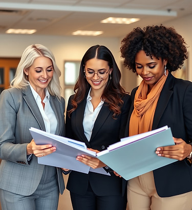 a white woman, hispanic woman, and black woman, standing together in an office,