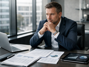 Symbolbild: Unternehmer analysiert Finanzunterlagen zur Prüfung der insolvenzrechtlichen Zahlungsunfähigkeit und Liquiditätslage eines Unternehmens.
