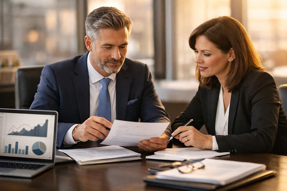 Symbolbild: Geschäftsführer bespricht Finanzunterlagen mit Rechtsberater in warmer Lichtstimmung zur Vermeidung von Geschäftsführerhaftung bei Insolvenz.