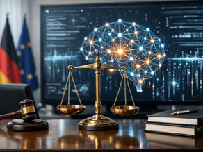 KI Urheberrecht Deutschland – symbolische Darstellung künstlicher Intelligenz und digitaler Datenverarbeitung