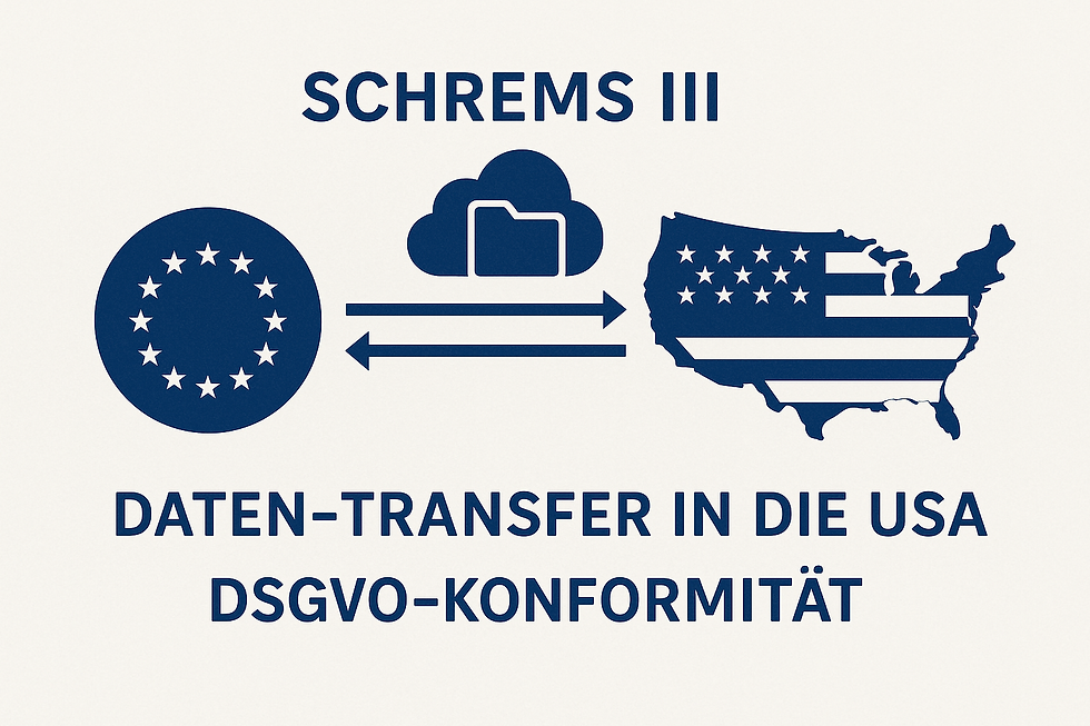 Illustration zum Datentransfer in die USA im Kontext von Schrems III mit EU- und US-Symbolen, Datenströmen und Datenschutzbezug