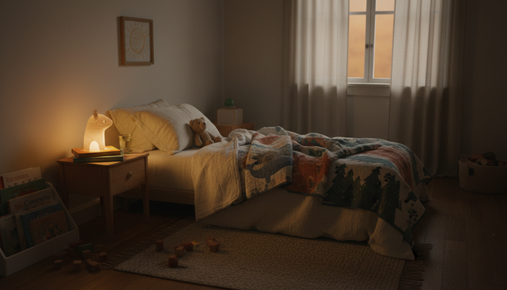 Wide-angle view of a calm bedroom with a night light and books beside the bed.