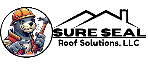 Logo for roofing company Sure Seal Roof Solutions, LLC. The logo consists of a circular picture of a seal wearing a hardhat and jacket while holding a hammer in one hand and pointing at the customer with the other hand; the company name Sure Seal Roof Solutions, LLC with a simple line vector of a roof and chimney overtop.