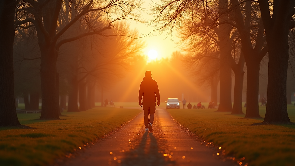 Eye-level view of a person walking in a park during sunrise