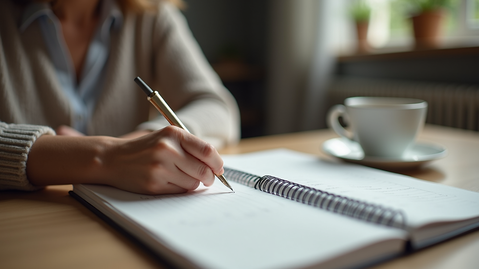 Eye-level view of a person writing in a health journal with a cup of tea nearby