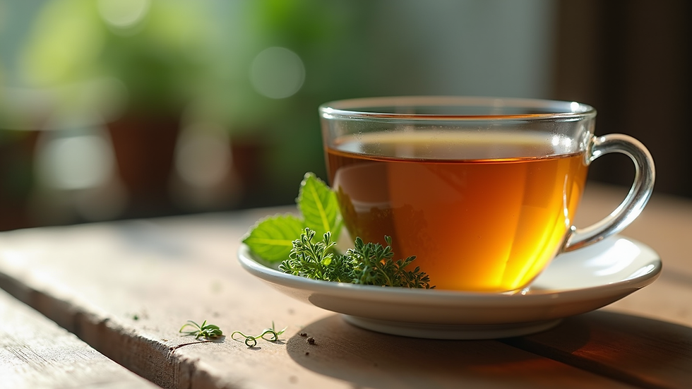 Close-up view of a herbal tea cup with fresh herbs on a wooden table