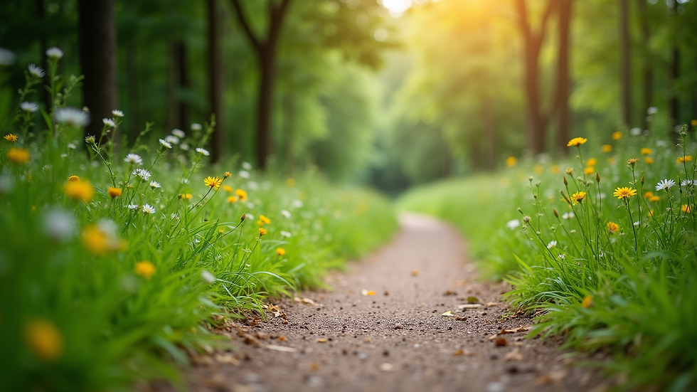 Eye-level view of a vibrant outdoor running trail surrounded by trees