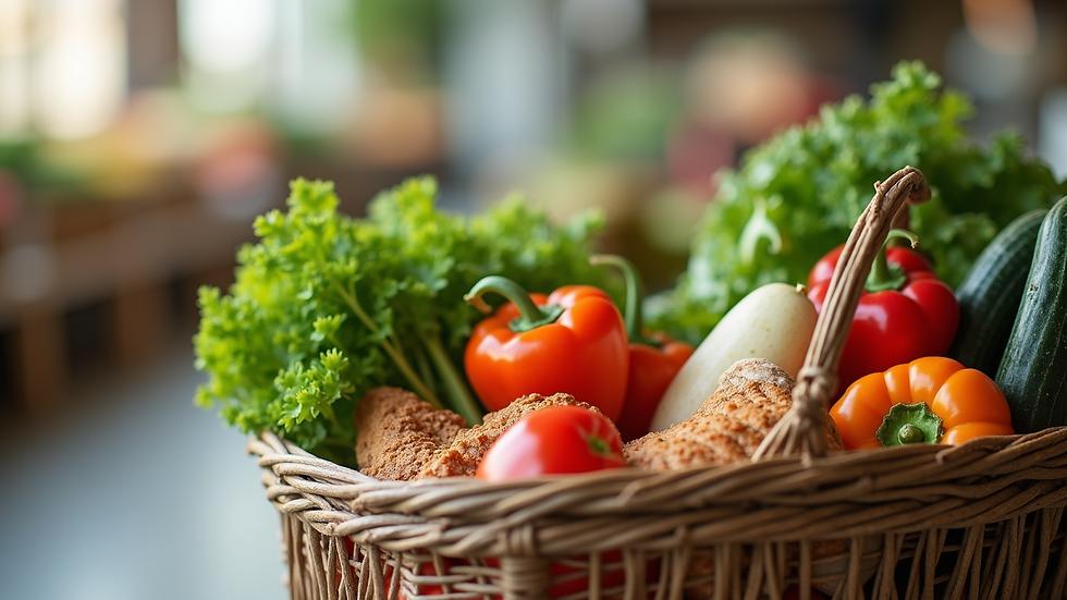 Close-up of a shopping basket filled with fresh vegetables and wholegrain products