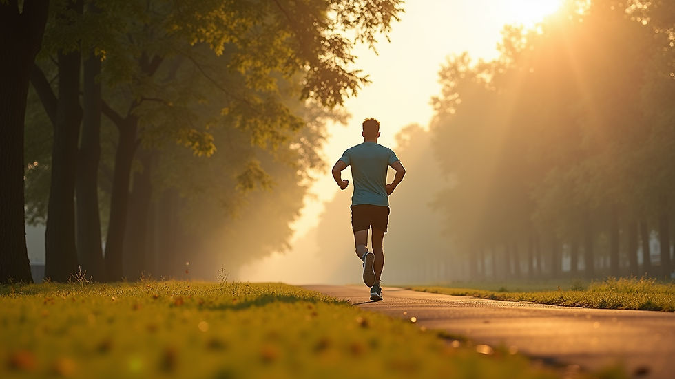 Eye-level view of a person jogging in a park during morning