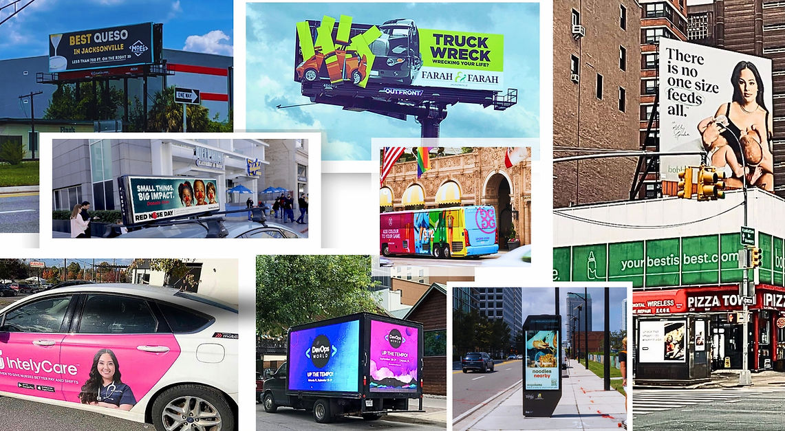 Collage of OOH advertising formats, including billboards, digital billboards, car wraps, transit ads, and airport advertising