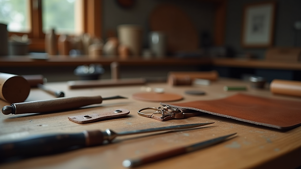 Eye-level view of leather crafting tools on wooden workbench