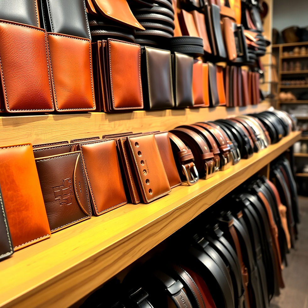 Leather store bi-fold wallets and belts on a long wood shelf..jpg