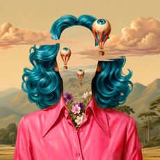 Identidade visual da 15ª edição do Olhar de Cinema, com ilustração surreal de duas figuras de cabelo azul, paisagem ao fundo e elementos visuais ligados ao festival.