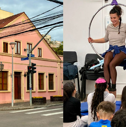 Montagem mostra a sede do OFICINACULTURA, instalada em um casarão histórico cor-de-rosa no bairro São Francisco, em Curitiba, e uma atividade circense com crianças acompanhando uma artista em aparelho aéreo.