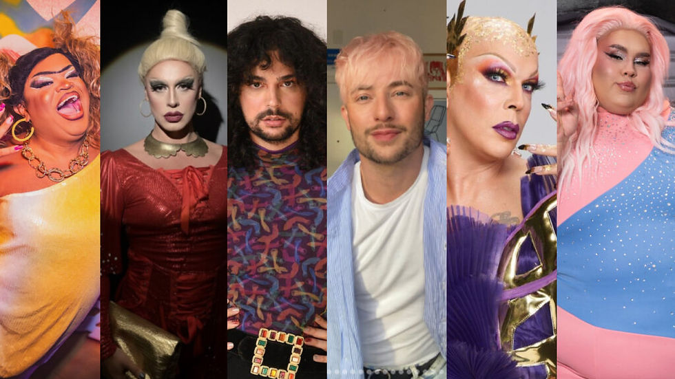 Karoline Absinto, A Dita, Vitor DiCastro, Maicon Santini, Ikaro Kadoshi e Madrinha participam do Gongada Drag no dia 8 de fevereiro - Cred Divulgação