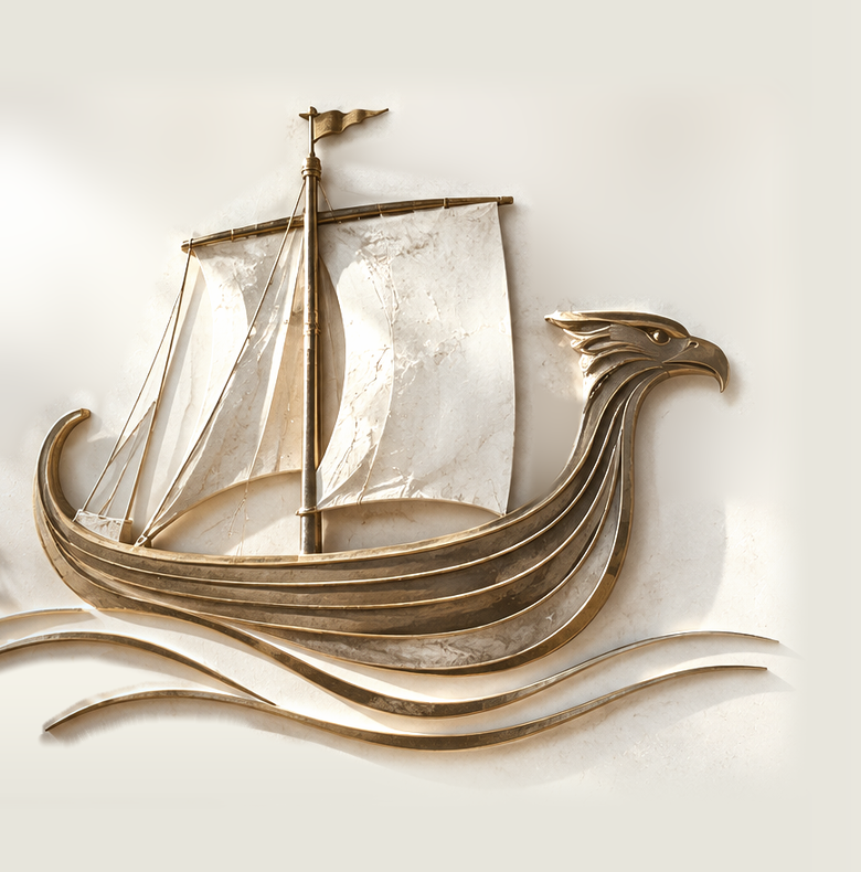 Sculptural vessel with an eagle-shaped prow, muted bronze details and ivory sails, inspired by the family's Phoenician heritage.