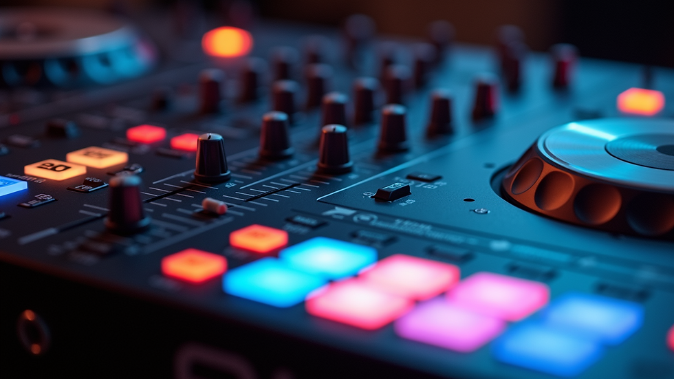 Close-up view of DJ mixing console with colorful buttons and sliders