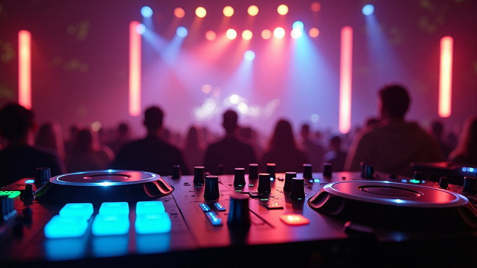 High angle view of DJ mixing console with colorful lights at a Seattle outdoor event