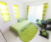 curtains, blinds, bed, rug, desk, chair, citrus, lime, green, home office, guest room,