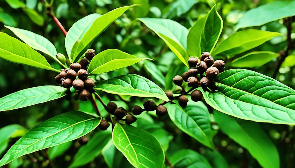 Close-up view of Jamaican pimento berries on a branch