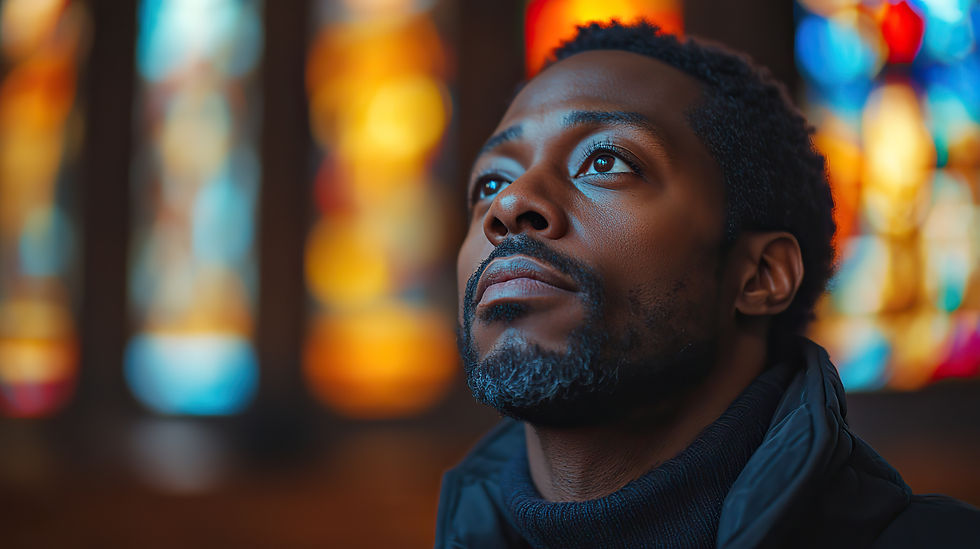 Man gazing upward with a contemplative expression, colorful stained glass background, warm tones creating an introspective mood.