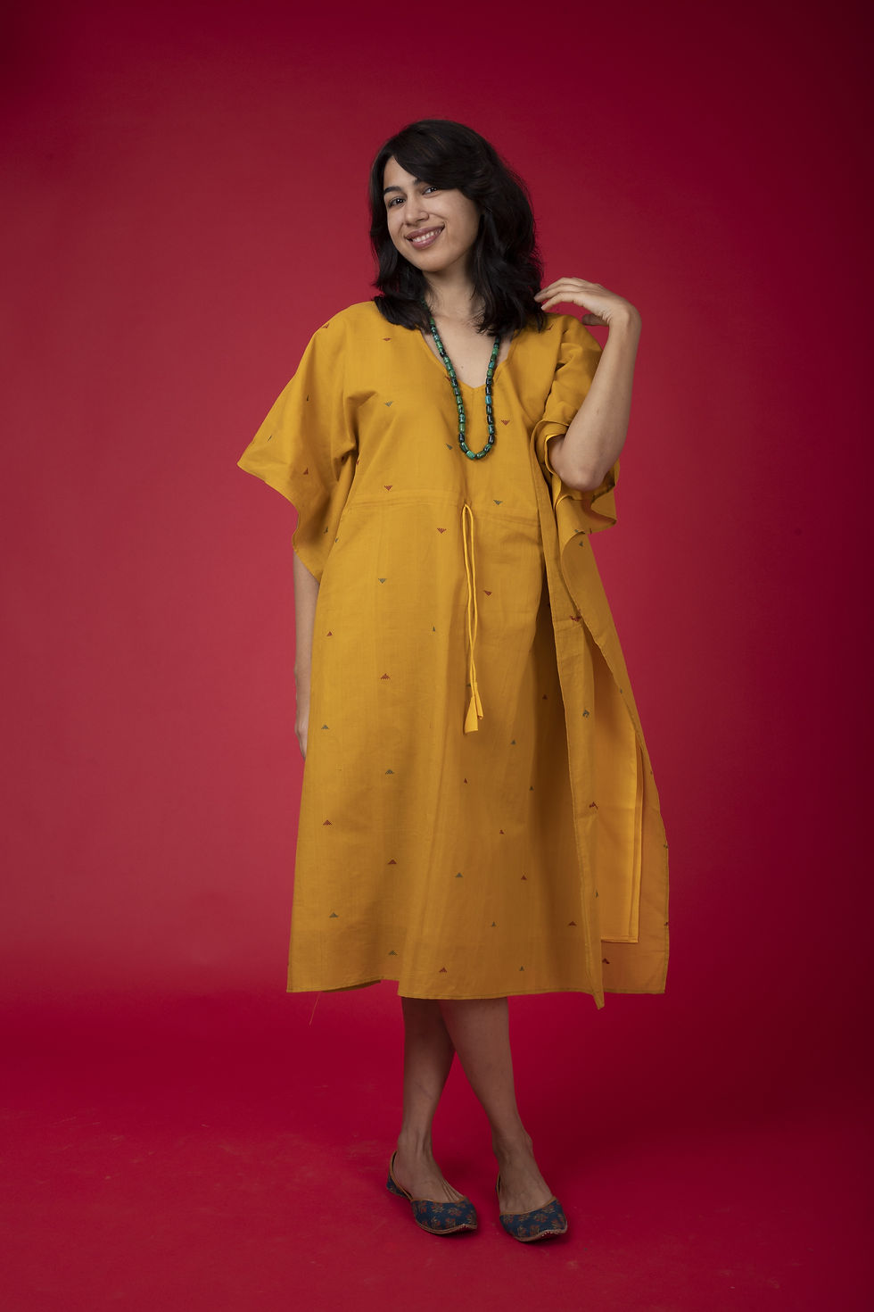 Thumbnail: Cotton Jamdani Below Knee Kaftan Dress (Slip Included)