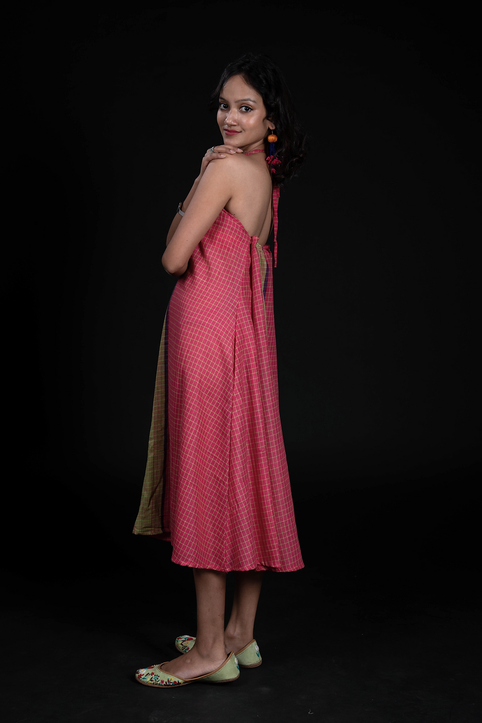 Thumbnail: Cotton Gaya Gamcha Red-Green Umbrella Cut Handblock Midi Halterneck Dress