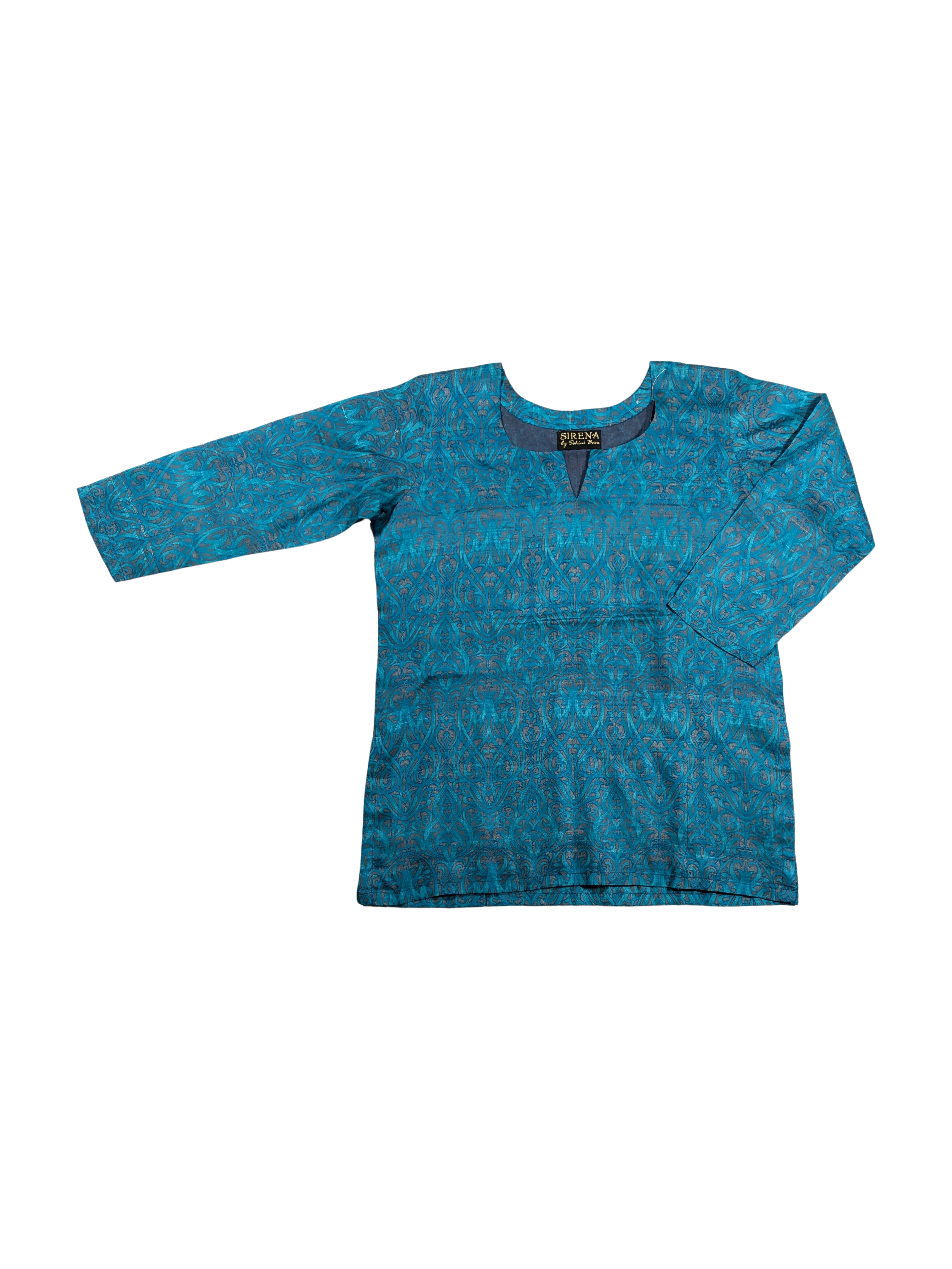 Tussar Silk Hand Block Print Three Quarter Sleeve Short Kurti Top