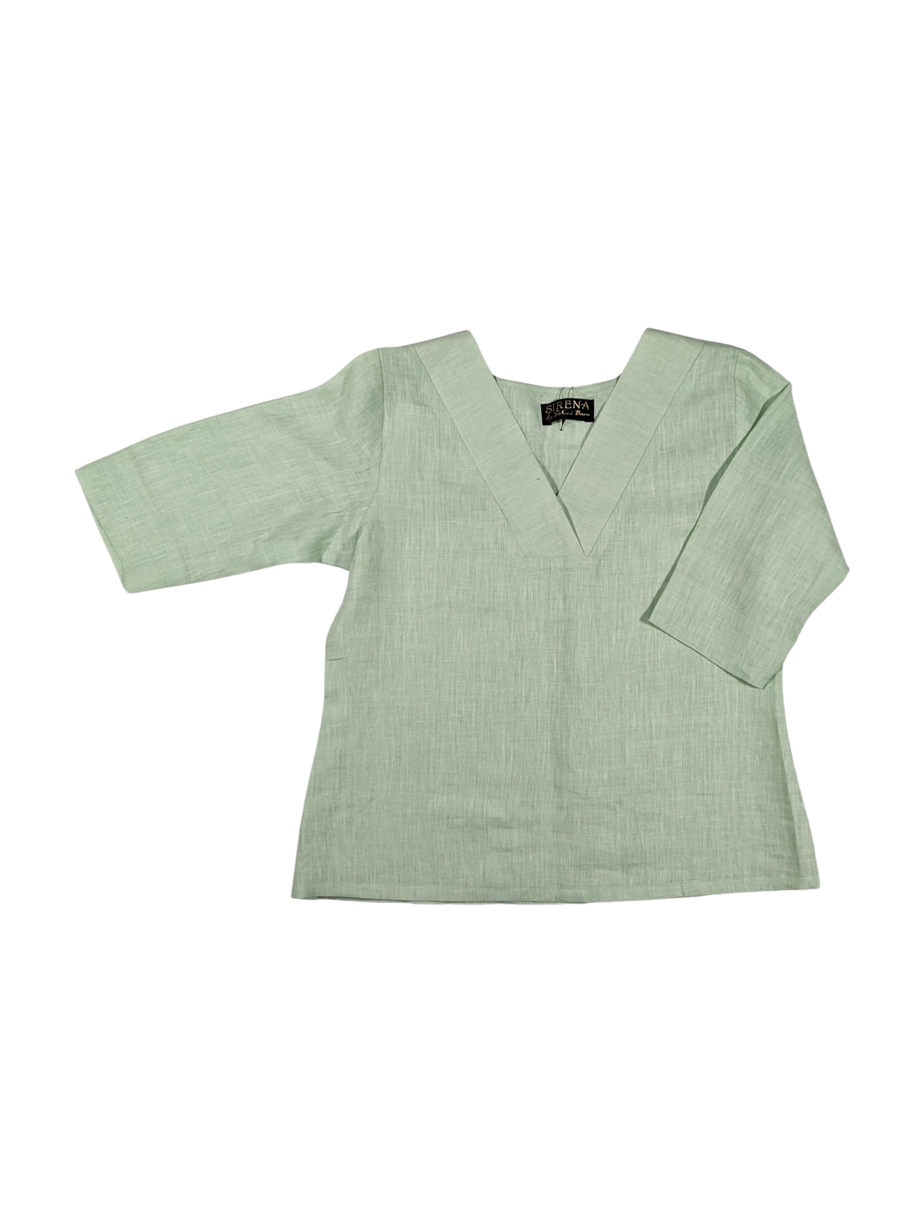 Linen Light Aqua V-Neck Three Quarter Sleeve  A-Line Top