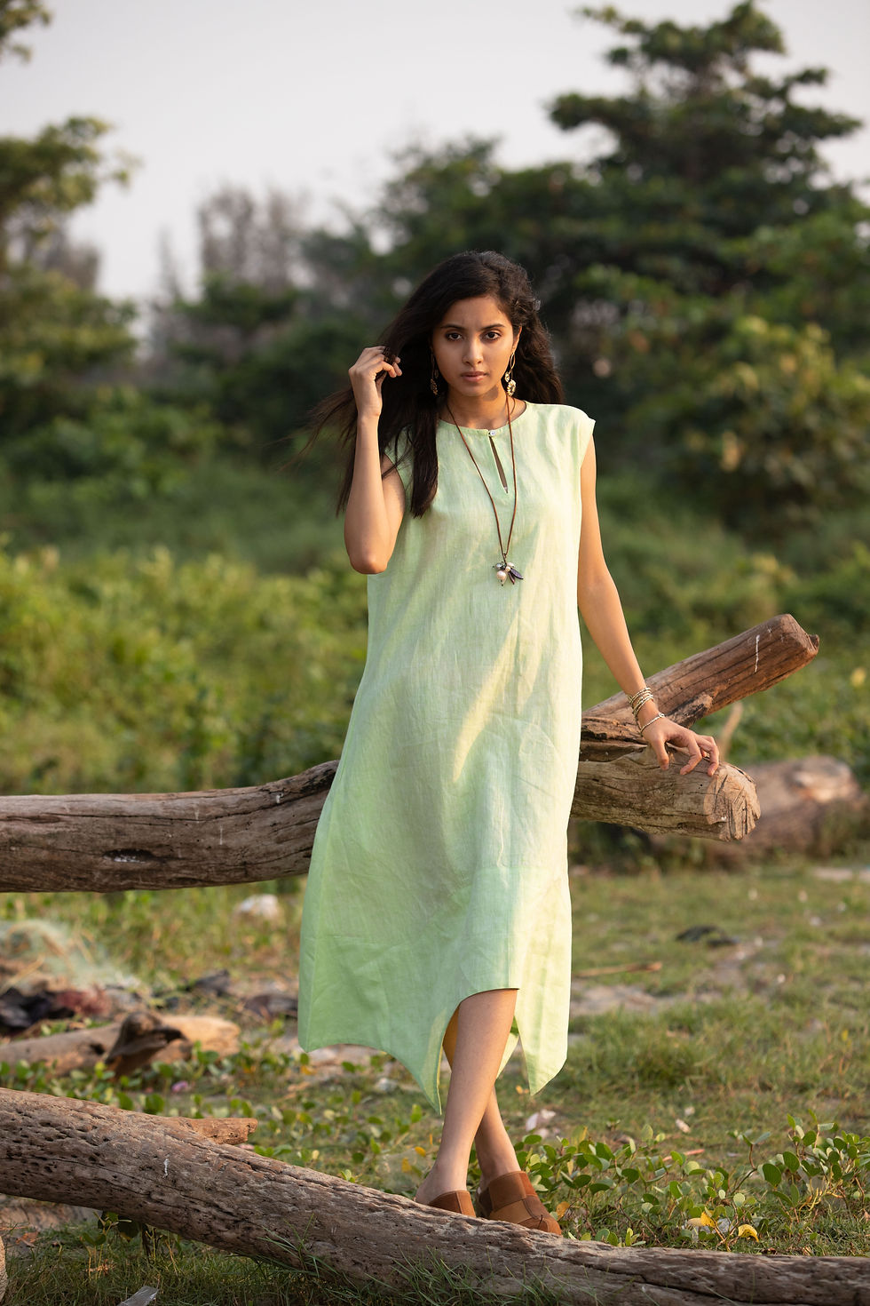 Thumbnail: Linen Mint Green Sleeveless Round Neck with Pockets Asymmetric Dress