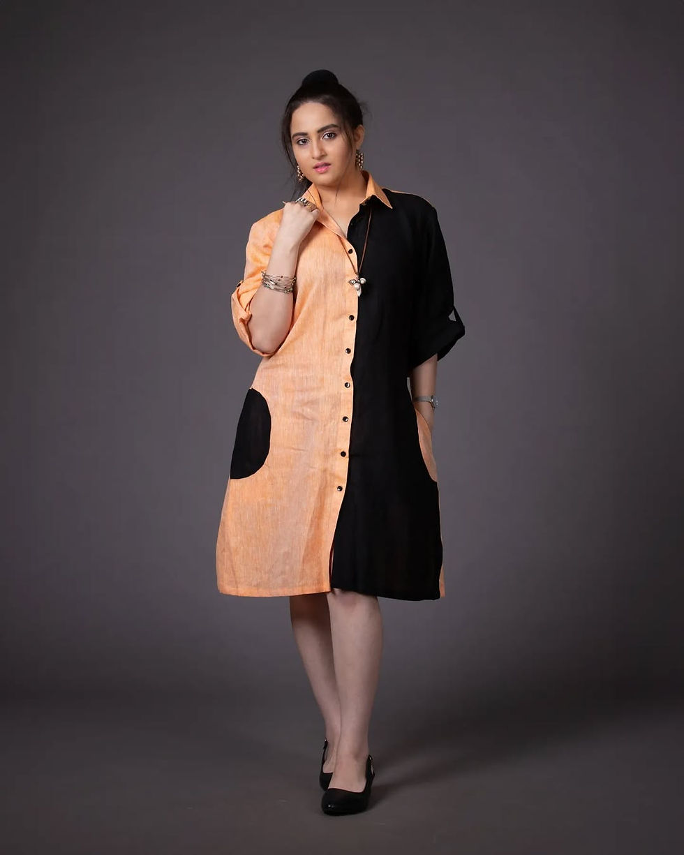 Thumbnail: Linen Black-Orange Half & Half 3-Quarter Rolled Sleeve Midi Shirt Dress