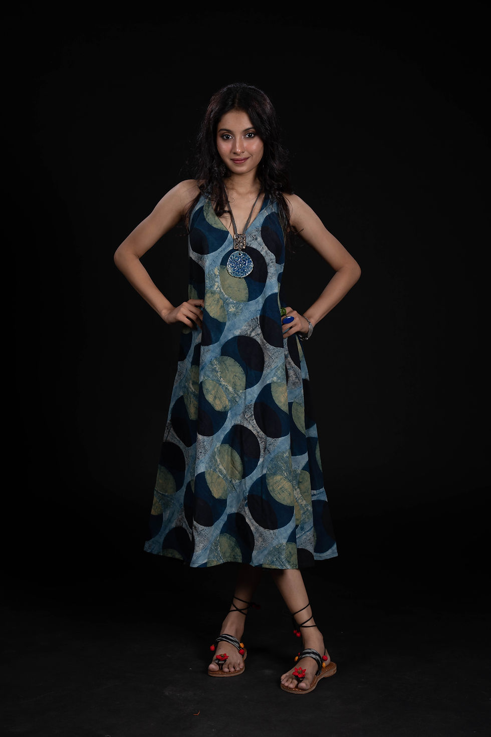 Thumbnail: Cotton Dabu Multicolor Umbrella Cut Handblock Print Midi Halterneck Dress