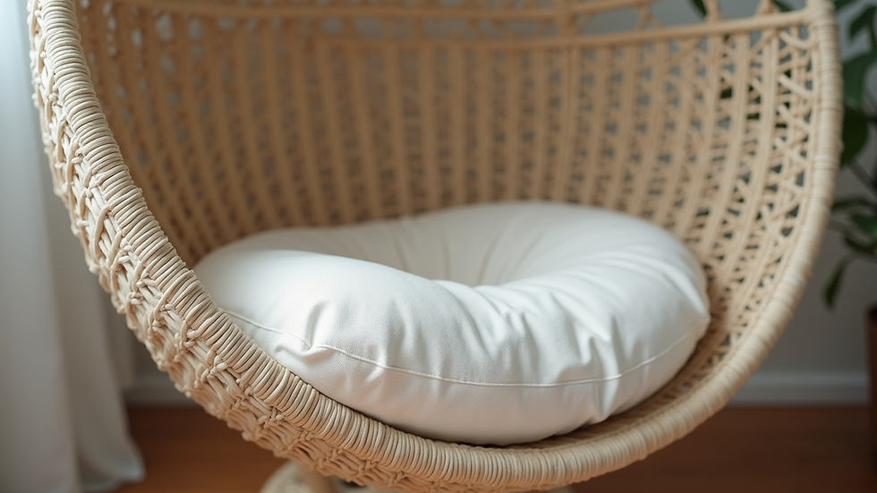 Close-up view of hanging pod chair cushion and frame