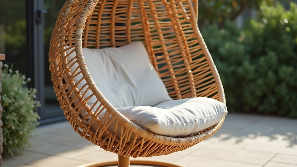 Close-up view of a synthetic rattan egg chair with cushion on a patio