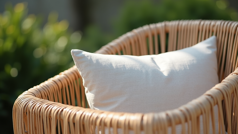 Close-up view of synthetic rattan outdoor chair with cushion